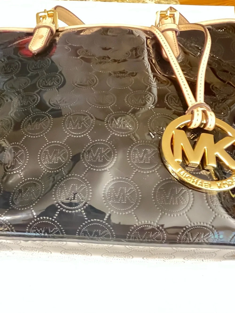 Michael Kors Black Patent Satchel with Tan Trim